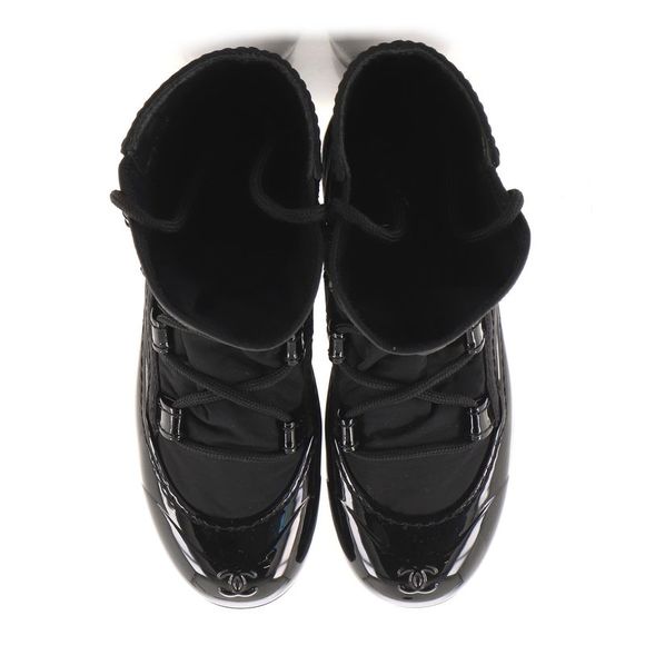 Chanel Women's Lace Up Snow Ankle Boots Nylon with Patent Black - Picture 2 of 5